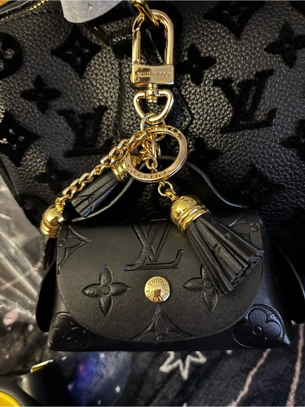 Brand New ! Black  Micro Monogram Tassel Charm Keychain